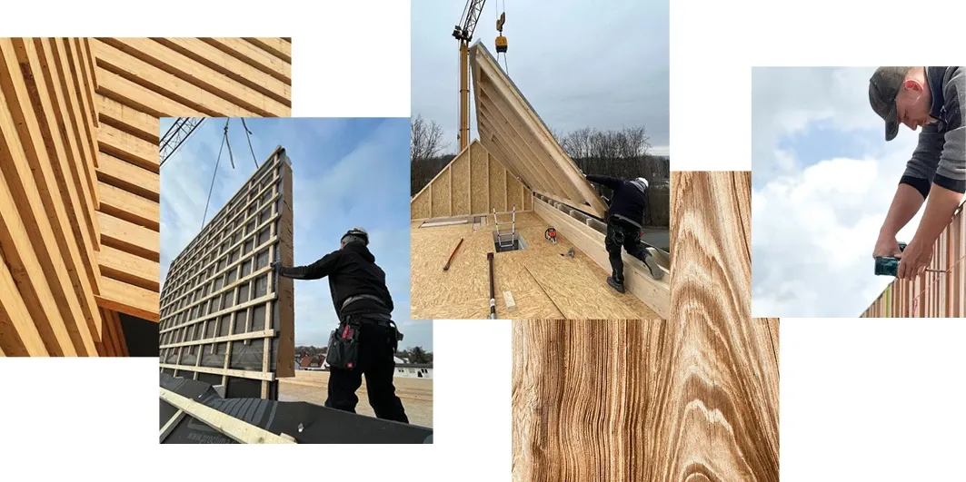 Collage zum Holzrahmenbau: Wandelemente, Montage und Material