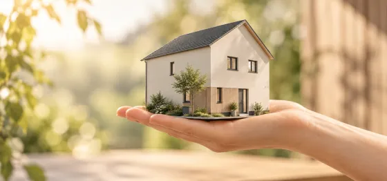 Hausmodell auf einer offenen Hand, schlüsselfertig bauen