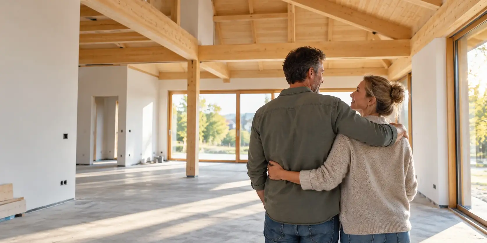 Paar in seinem Architektenhaus aus Holz