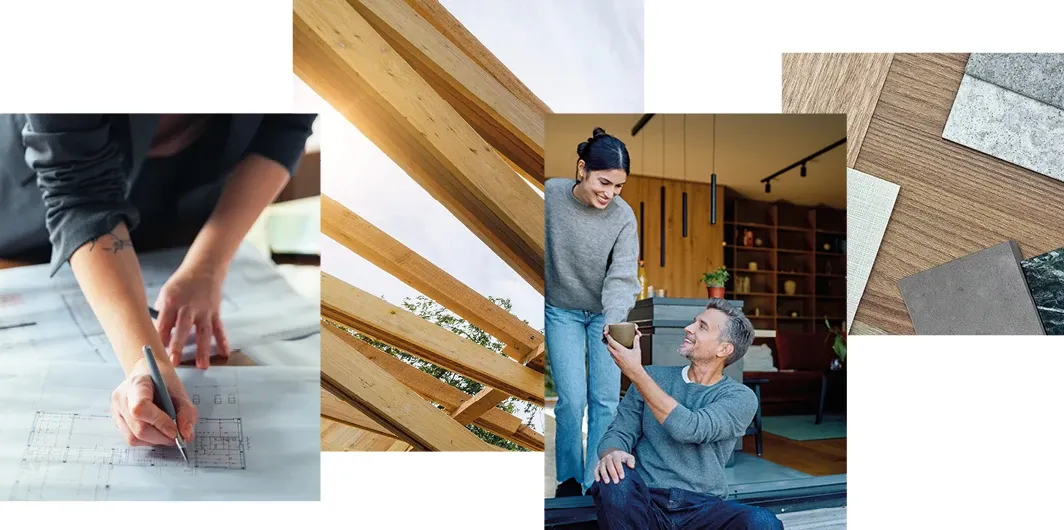 Collage aus Hausplanung, Holzbau und Wohnen
