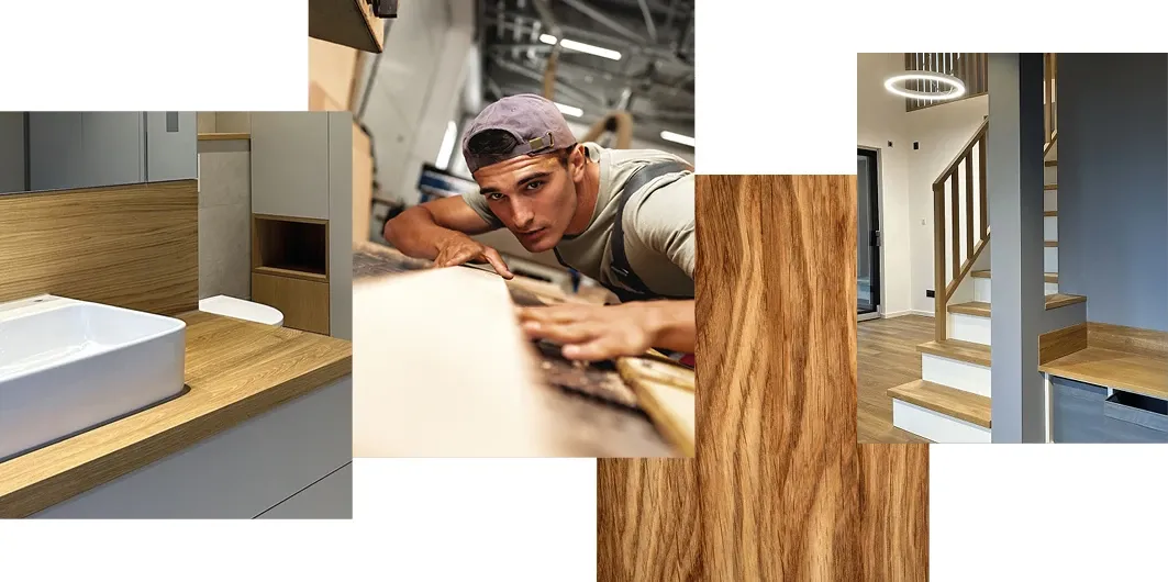 Collage aus Bad, Tischlerarbeiten, Holz und Treppe