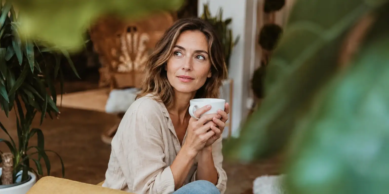 Frau mit Tasse im Wohnzimmer, wohngesund bauen