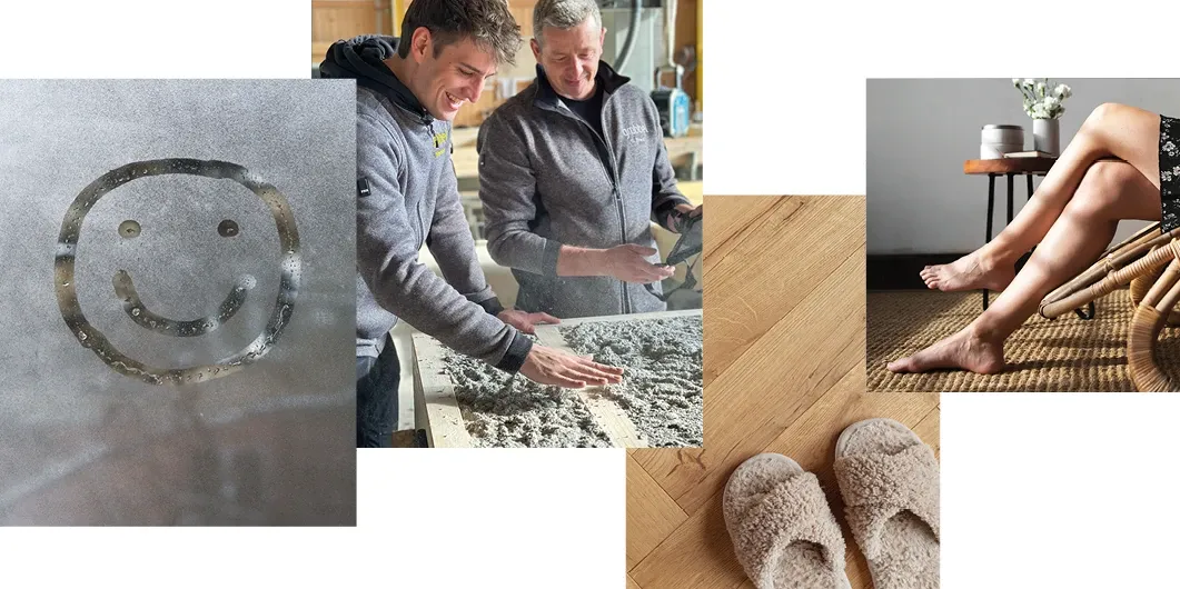 Collage aus Holzdämmung, Wohnklima und Naturmaterialien