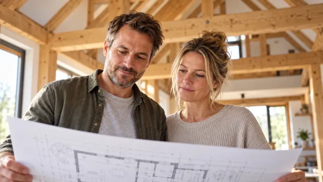 Paar mit Bauplan im Holzhaus