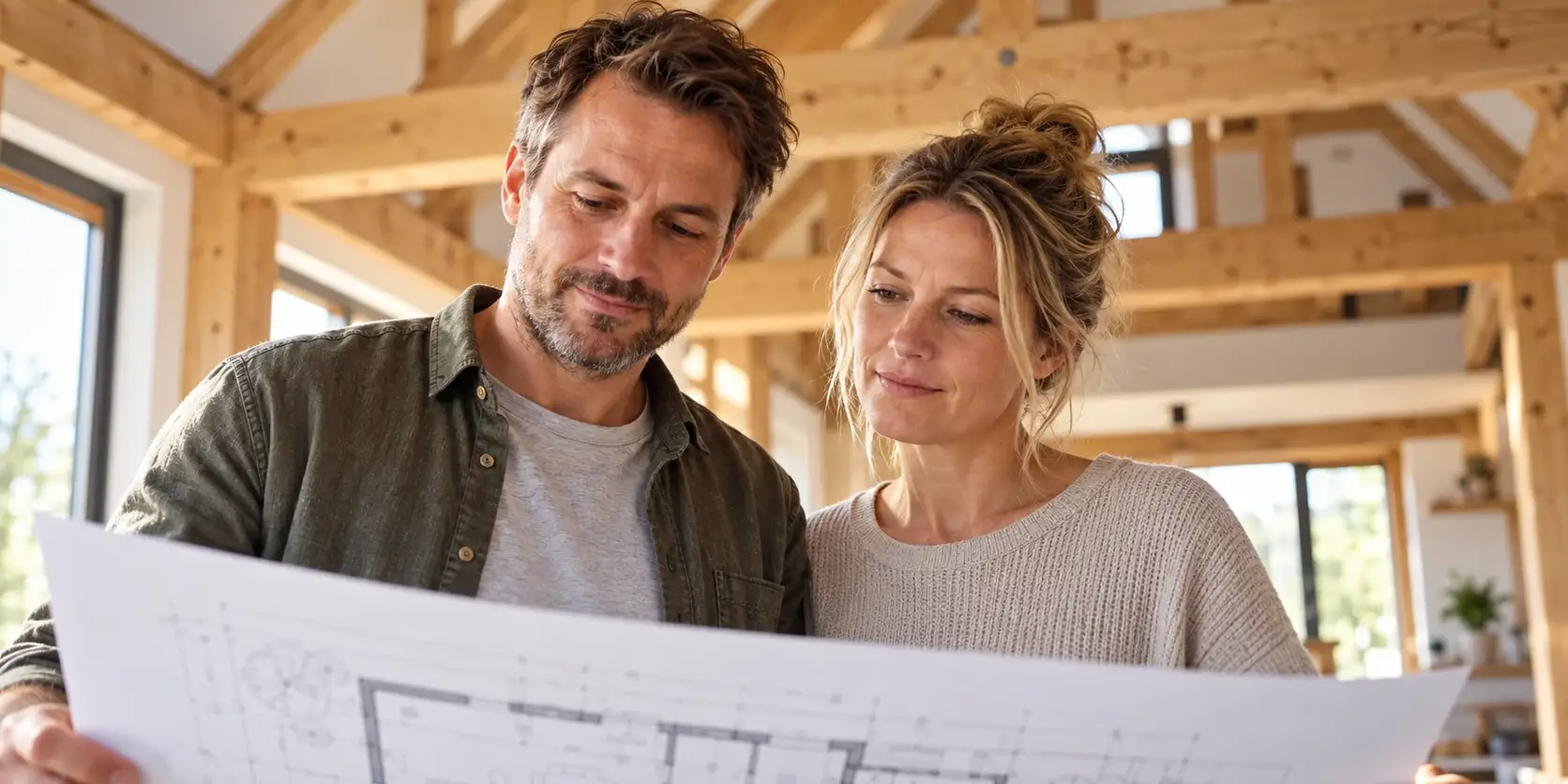 Paar mit Bauplan in seinem Holzhaus, Holzhaus planen