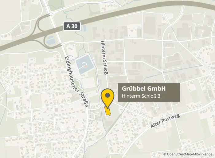 Karte: Standort der Grübbel GmbH, Hinterm Schloß 3 in Bad Oeynhausen, zwischen Eidinghausener Straße und Alter Postweg, nahe der A 30
