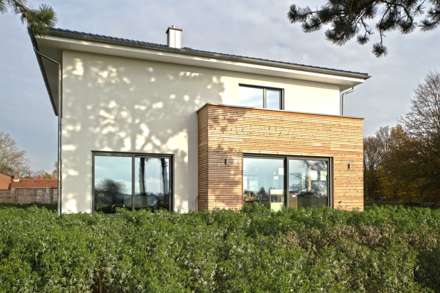 Garagenanbau mit Aufstockung in Bad Oeynhausen: Weißes Wohnhaus mit Holzanbau hinter einer Hecke