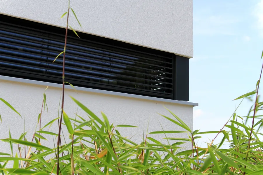 Wohnhaus in Bad Oeynhausen: Fassadendetail mit Raffstore und Bambus