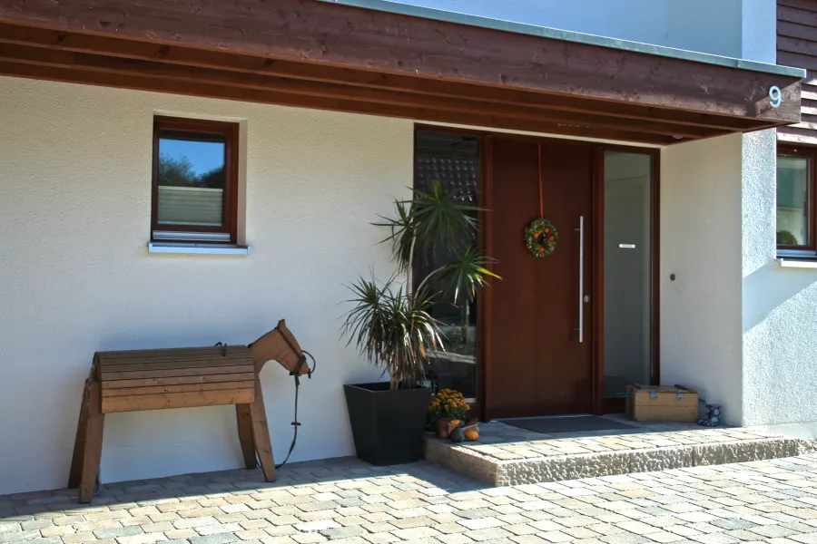 Einfamilienhaus in Bad Oeynhausen: Hauseingang mit Holztür und Vordach