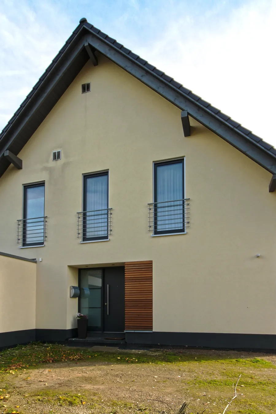 Einfamilienhaus in Bad Oeynhausen: Giebelseite mit Holzverkleidung am Eingang