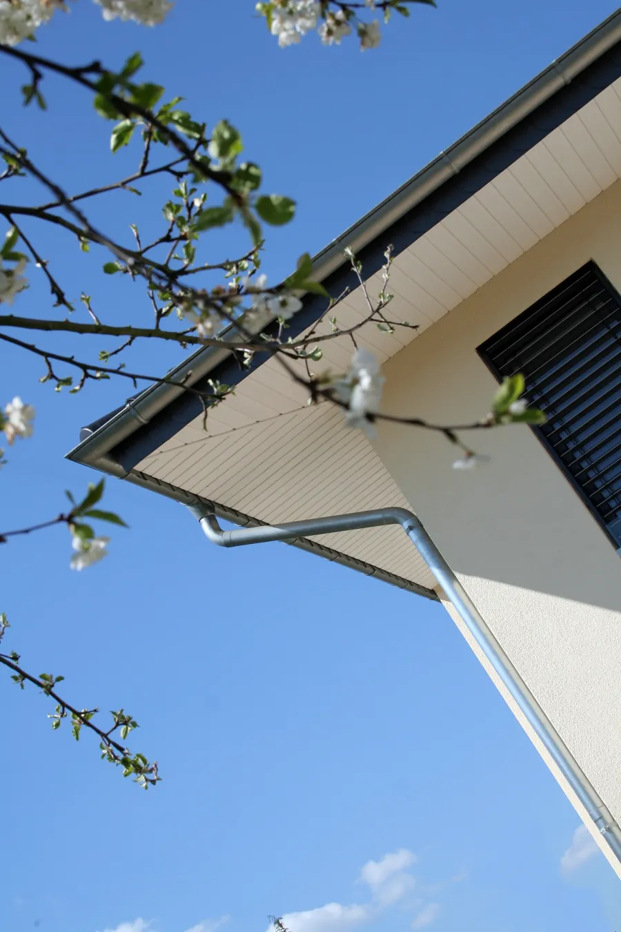Einfamilienhaus in Minden: Dachkante mit Regenrinne, Detail