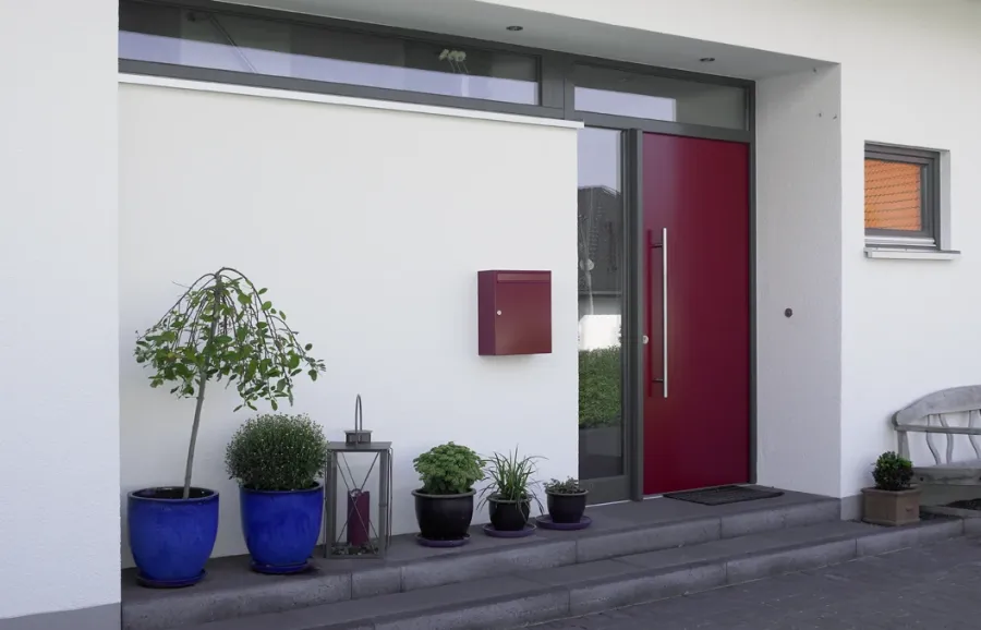 Einfamilienhaus in Stift Quernheim: Eingang mit roter Haustür und Pflanzkübeln